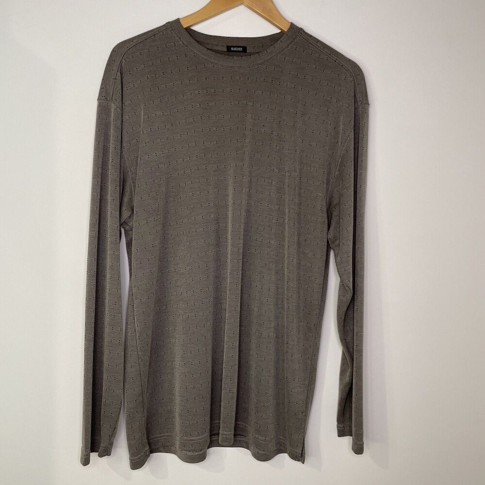 Michael Brandon Sueded Patterned Long Sleeve T Shirt Brown Men's Size Large